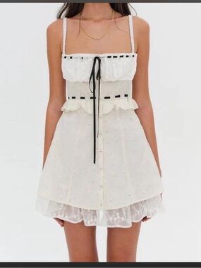 For Love & Lemons White Eyelet Mini Dress with Black Tie